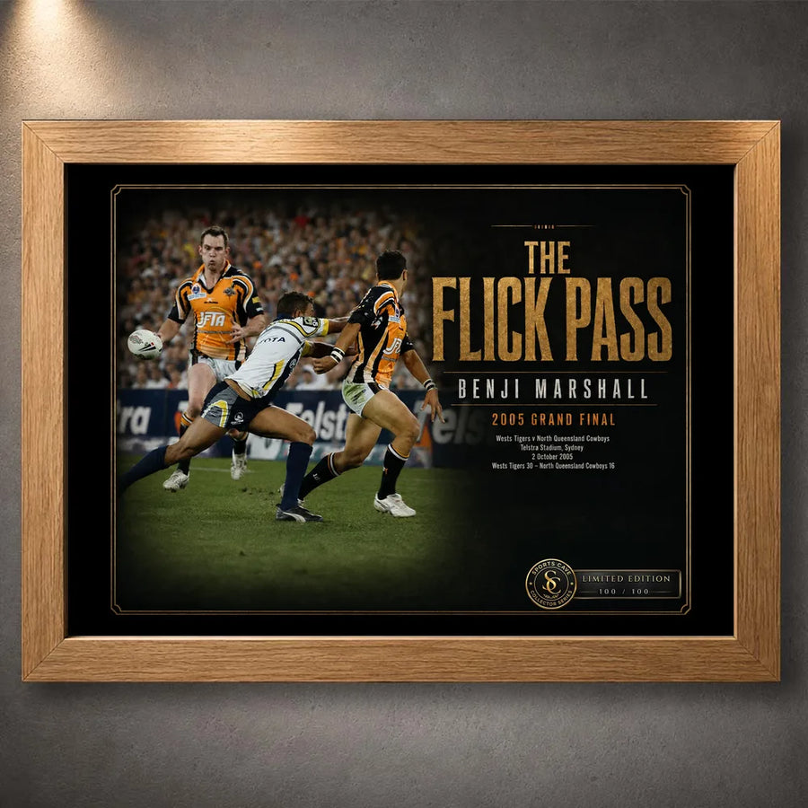 Oak framed Benji Marshall wall art featuring The Flick Pass from the 2005 Grand Final for a rugby league display.