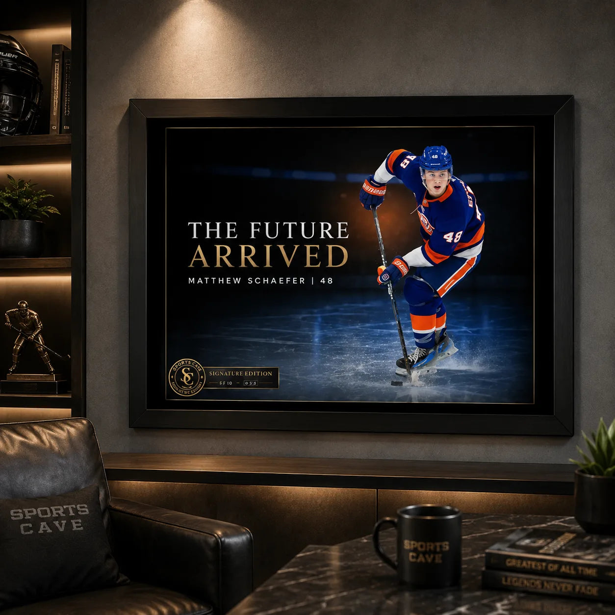 Matthew Schaefer wall art displayed in a dark sports man cave with warm shelving, leather seating and collector styling.