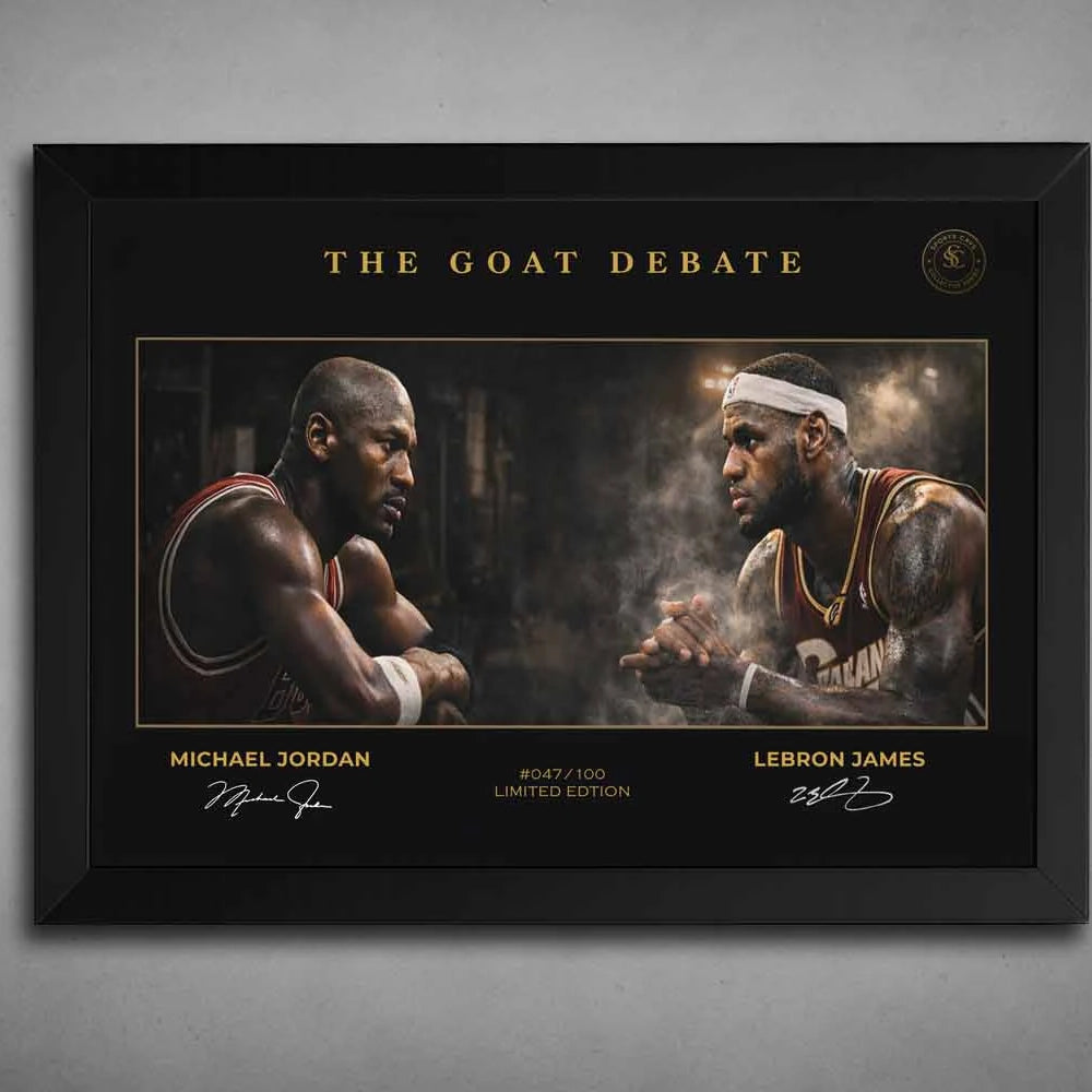 Limited edition NBA wall art featuring Michael Jordan vs LeBron James in a premium black frame, collector sports wall art by Sports Cave.
