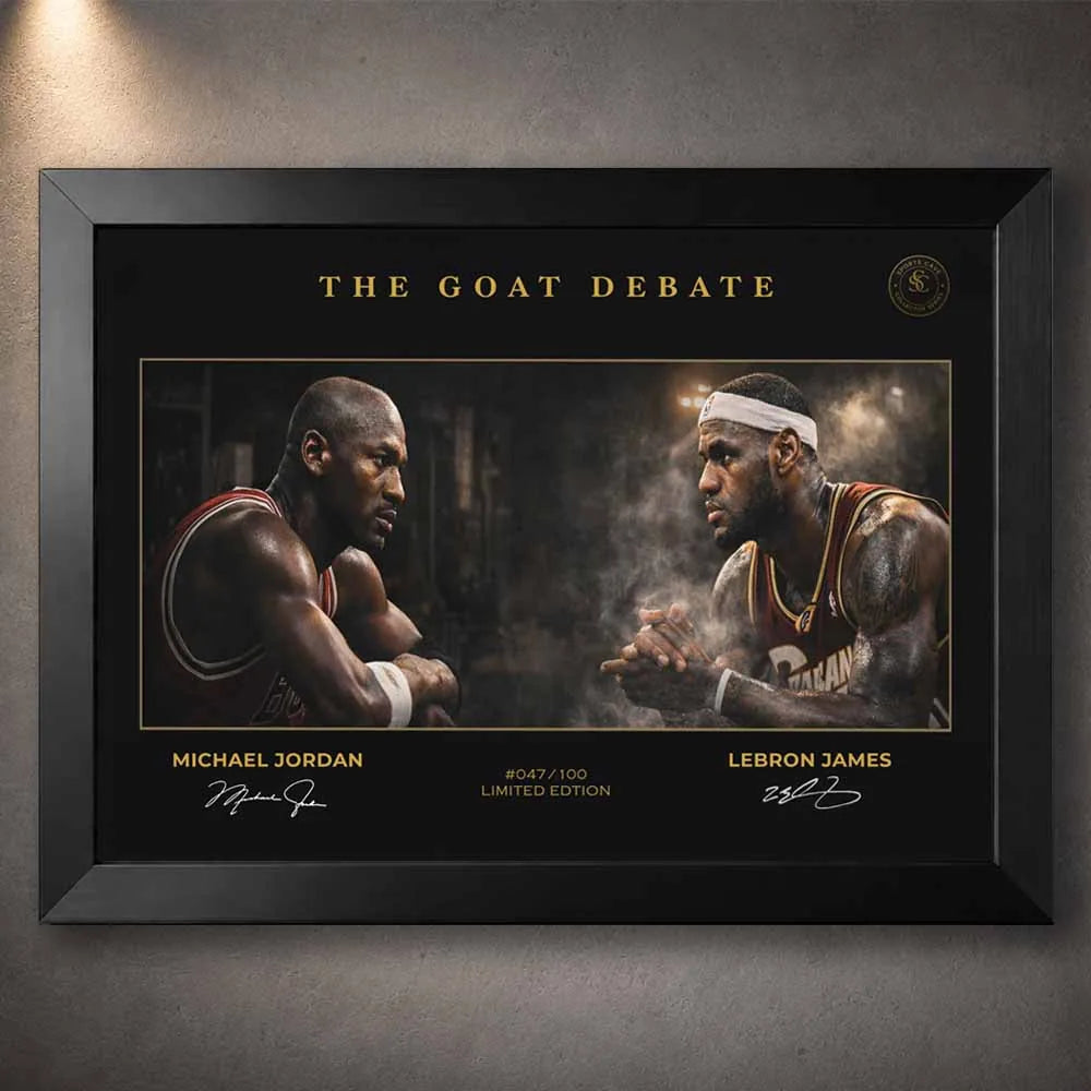 Limited edition NBA wall art featuring Michael Jordan vs LeBron James in a premium black frame, collector sports wall art by Sports Cave.