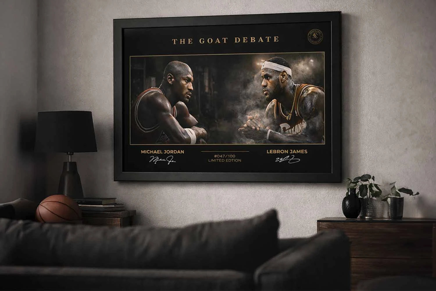 Framed Michael Jordan vs LeBron James NBA wall art displayed in a modern living room, premium sports decor for basketball fans