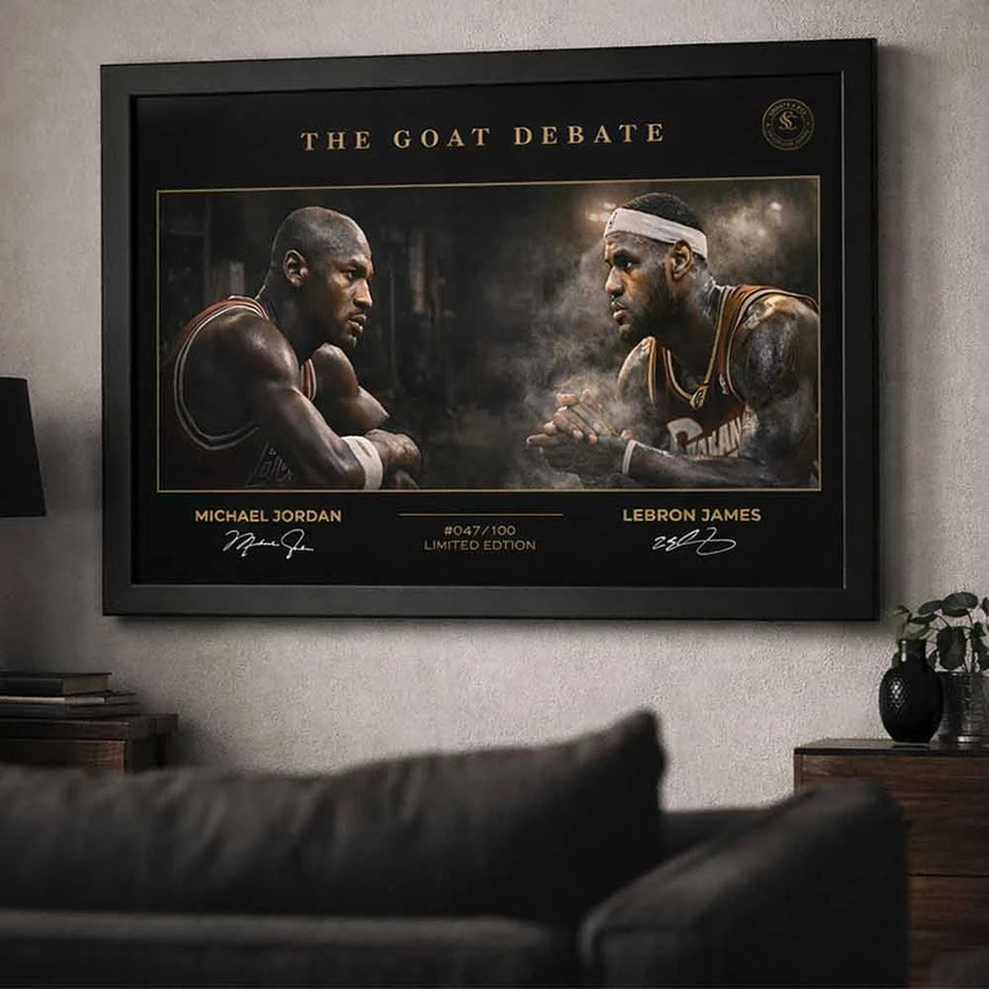 Framed Michael Jordan vs LeBron James NBA wall art displayed in a modern living room, premium sports decor for basketball fans