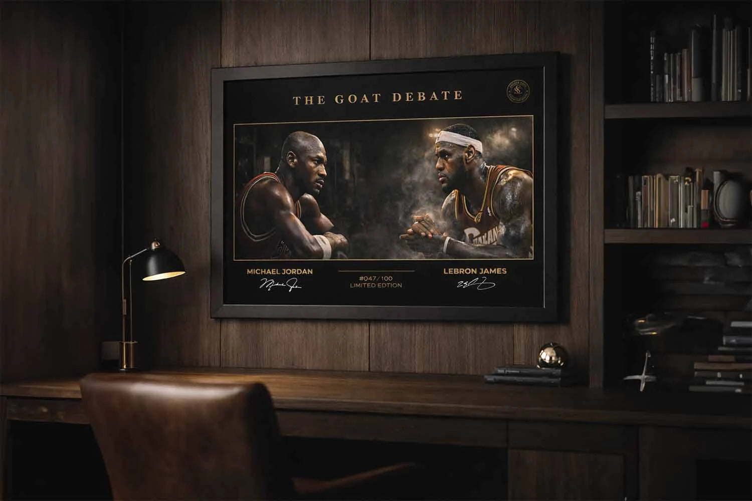 Michael Jordan and LeBron James NBA wall art in a professional office setting, limited edition basketball artwork for collectors.