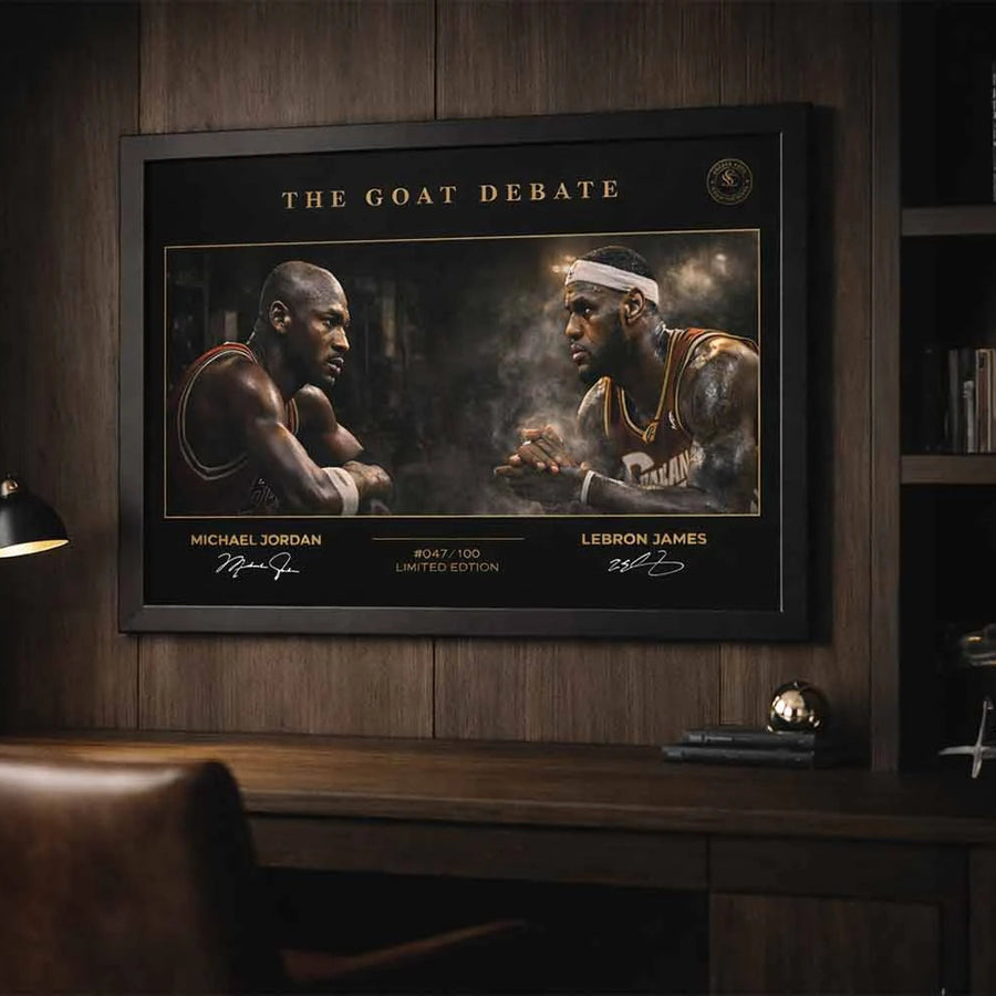 Michael Jordan and LeBron James NBA wall art in a professional office setting, limited edition basketball artwork for collectors.