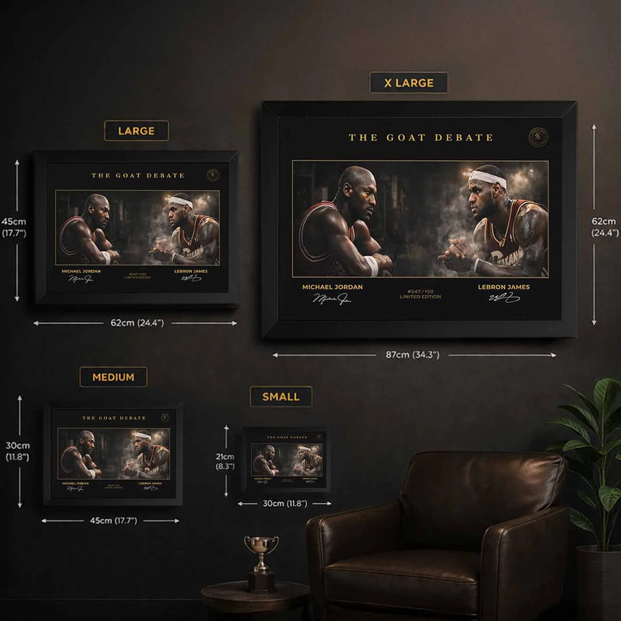 Size guide showing available dimensions for Michael Jordan vs LeBron James NBA wall art, framed sports artwork by Sports Cave.