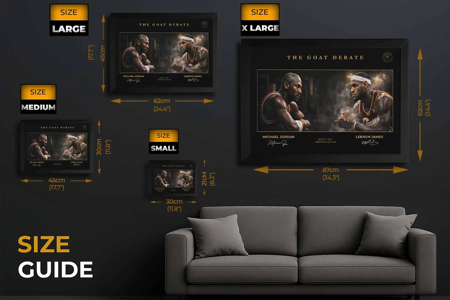Size guide showing available dimensions for Michael Jordan vs LeBron James NBA wall art, framed sports artwork by Sports Cave.