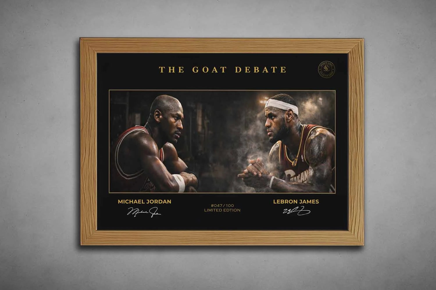 Michael Jordan vs LeBron James NBA wall art in oak frame, premium framed basketball artwork for sports collectors.