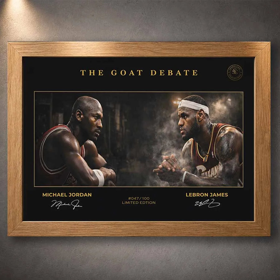 Michael Jordan vs LeBron James NBA wall art in oak frame, premium framed basketball artwork for sports collectors.