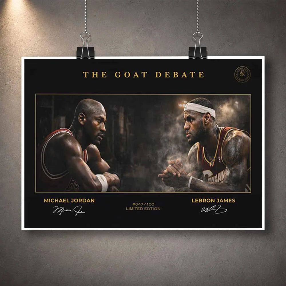Unframed Michael Jordan vs LeBron James NBA wall art print, limited edition basketball poster by Sports Cave.