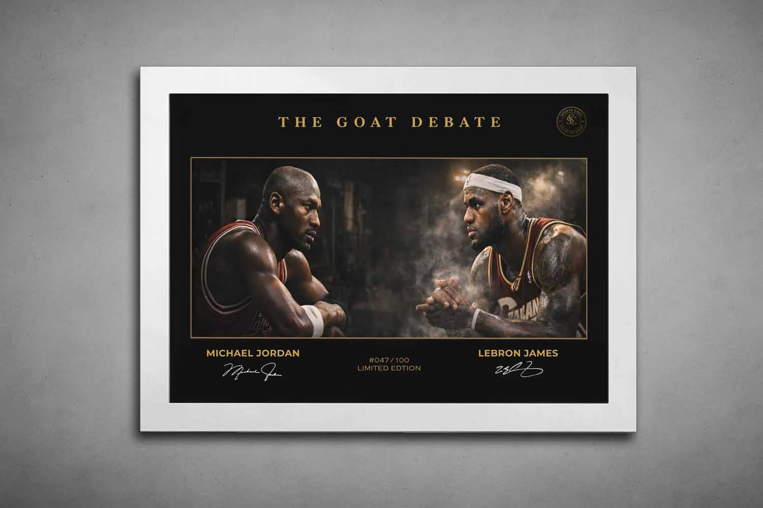 Michael Jordan vs LeBron James NBA wall art in white frame, modern framed basketball artwork for home or office.