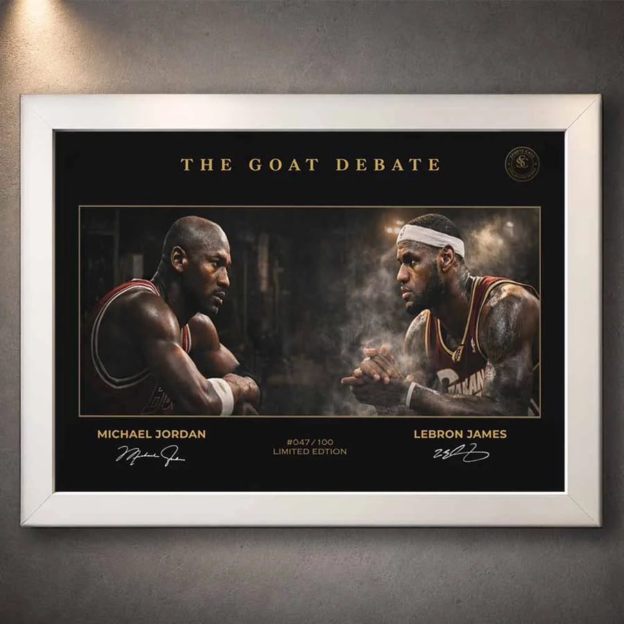 Michael Jordan vs LeBron James NBA wall art in white frame, modern framed basketball artwork for home or office.
