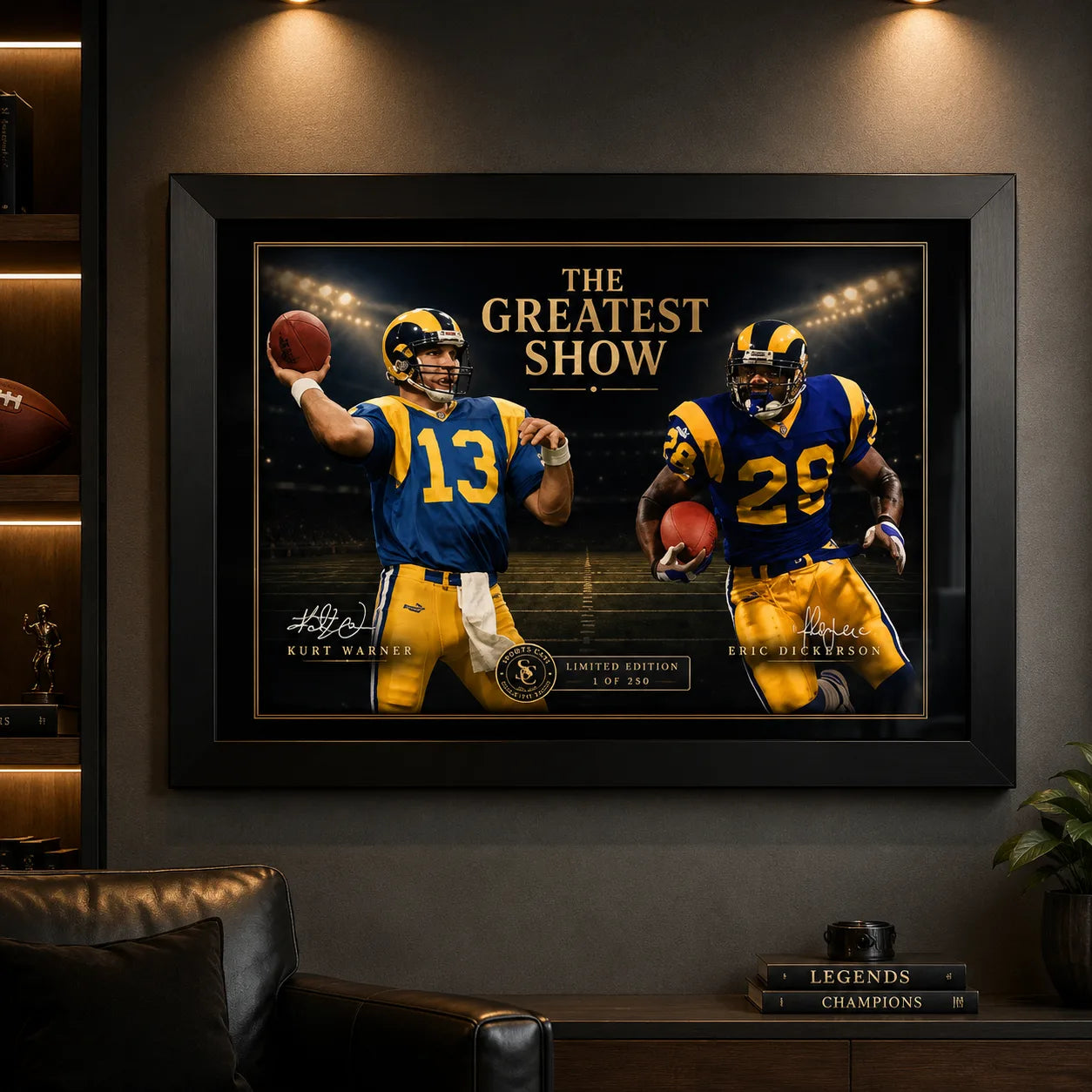 The Greatest Show NFL wall art displayed in a dark man cave setting with Kurt Warner and Marshall Faulk artwork framed in black.