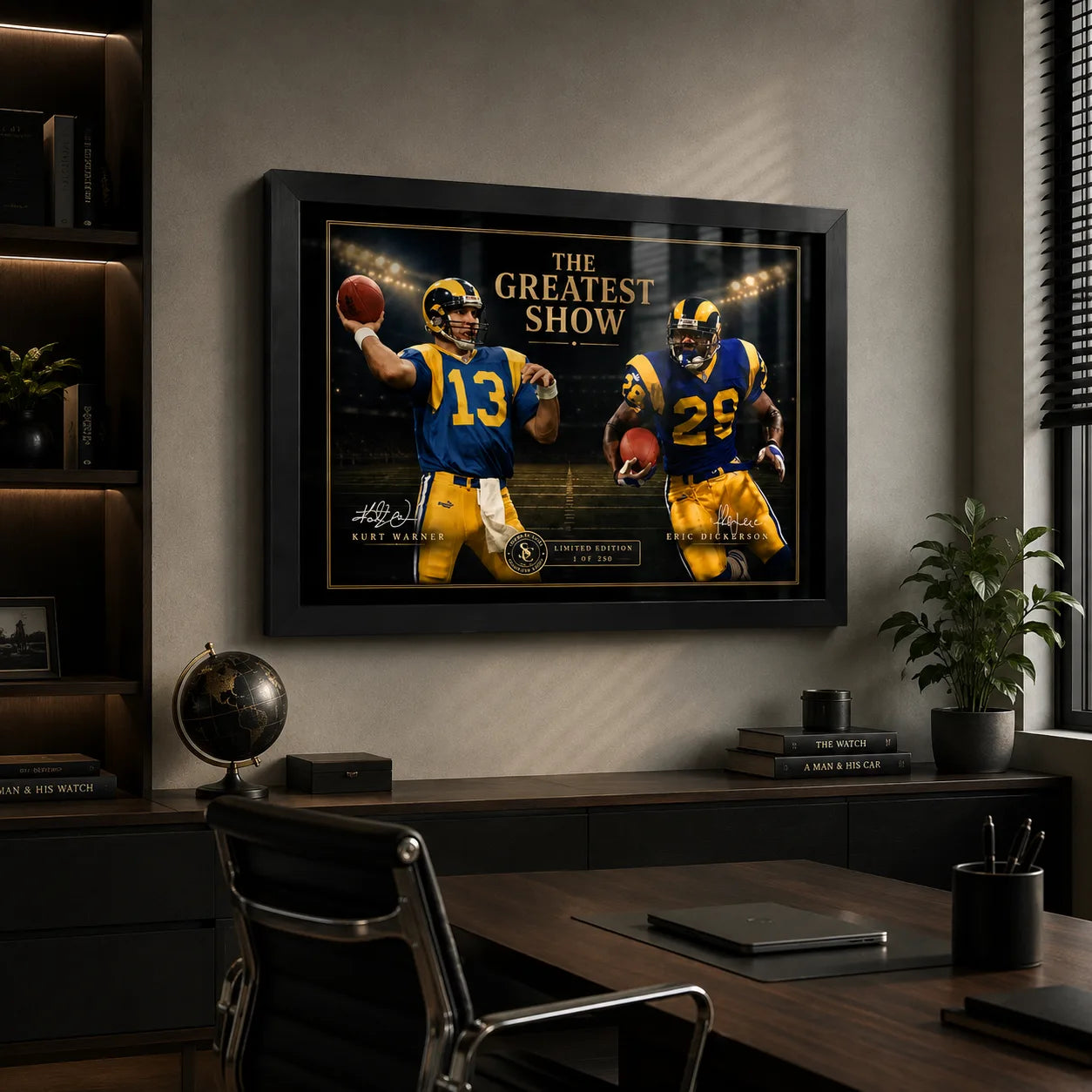 The Greatest Show NFL wall art in a modern office setting, featuring Kurt Warner and Marshall Faulk in a black frame.