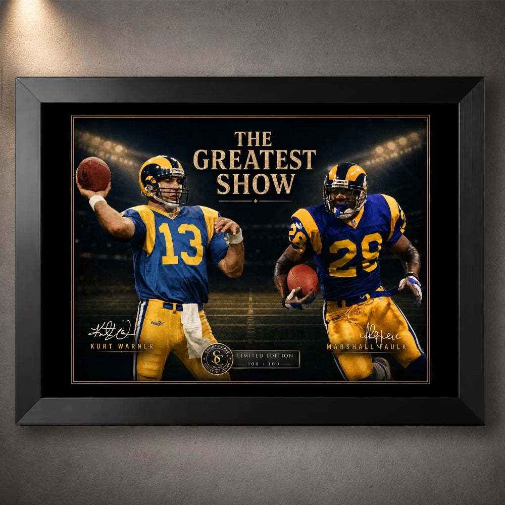 Black framed The Greatest Show NFL wall art featuring Kurt Warner and Marshall Faulk in a dark stadium-inspired presentation.