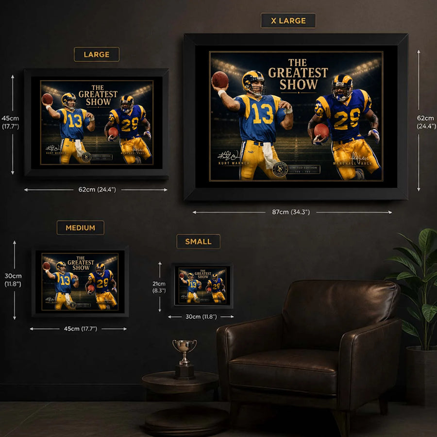 The Greatest Show NFL wall art size guide showing Small, Medium, Large and X Large framed dimensions.