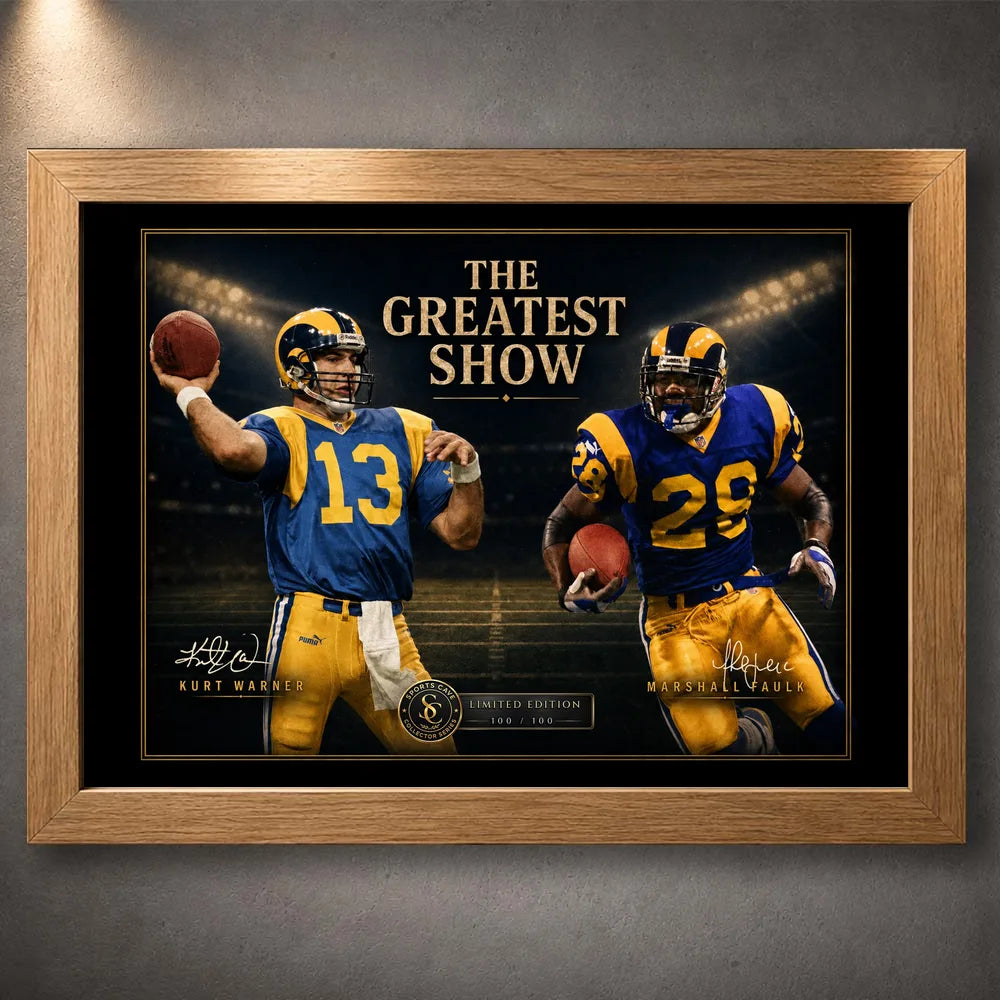 Oak framed The Greatest Show NFL wall art featuring Kurt Warner and Marshall Faulk in blue and gold football uniforms.