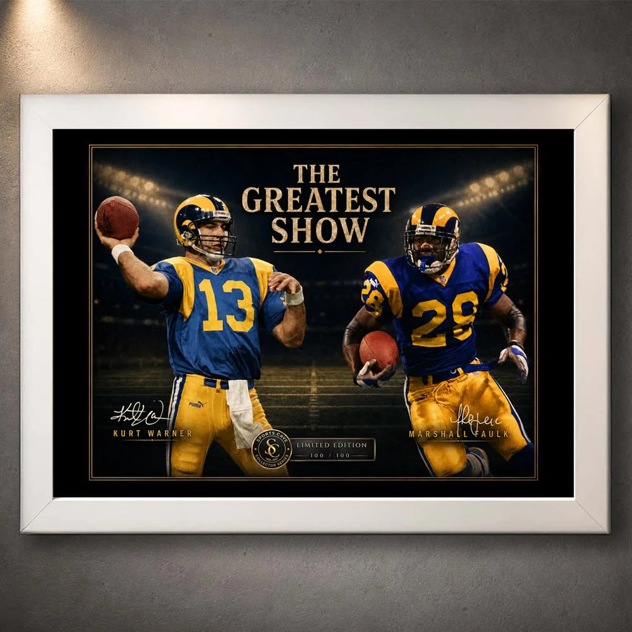 White framed The Greatest Show NFL wall art featuring Kurt Warner and Marshall Faulk against a dark stadium-style backdrop.