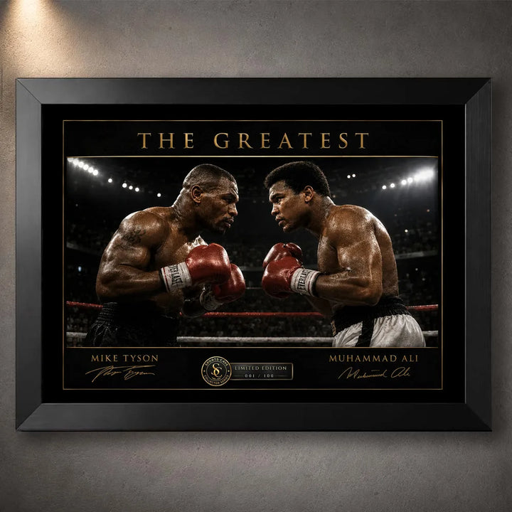 Black framed Tyson vs Ali boxing wall art showing both fighters facing off beneath arena lights.
