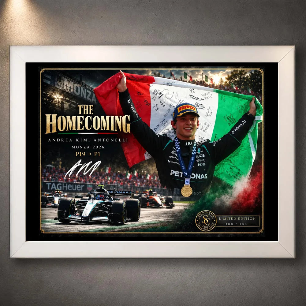 White framed Andrea Kimi Antonelli Formula One wall art featuring The Homecoming Monza collector design.