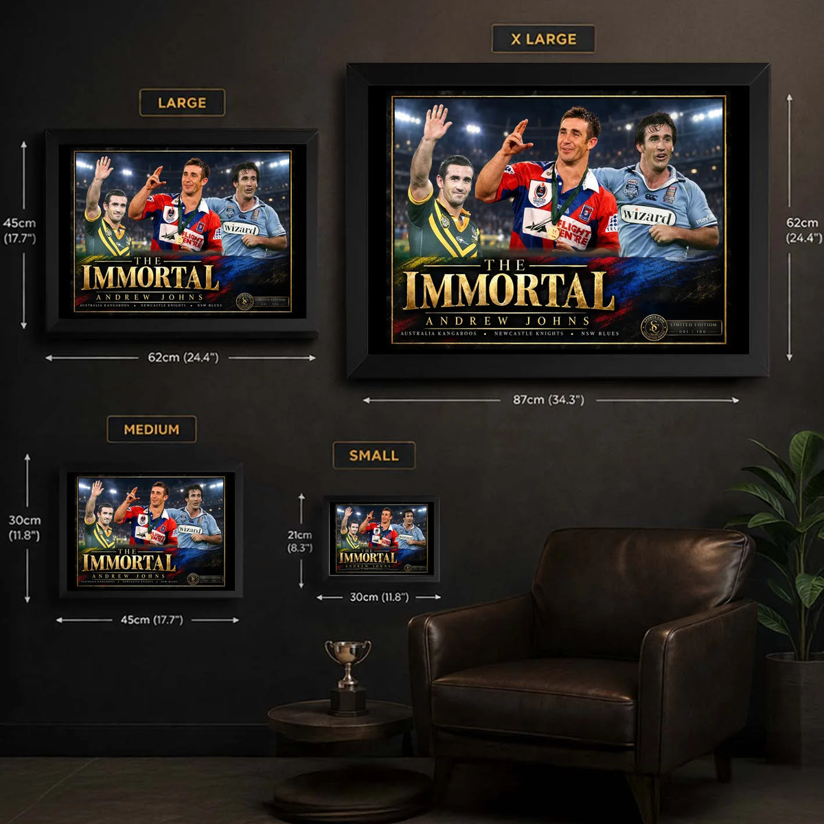 The Immortal Andrew Johns framed rugby league wall art size guide showing Small, Medium, Large and X Large dimensions.