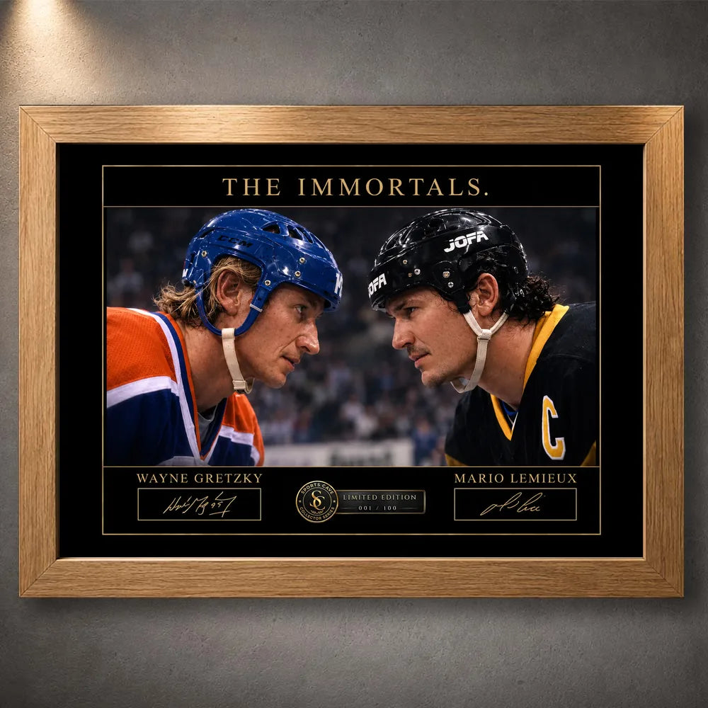 Oak framed Wayne Gretzky and Mario Lemieux hockey wall art showing The Immortals faceoff design.