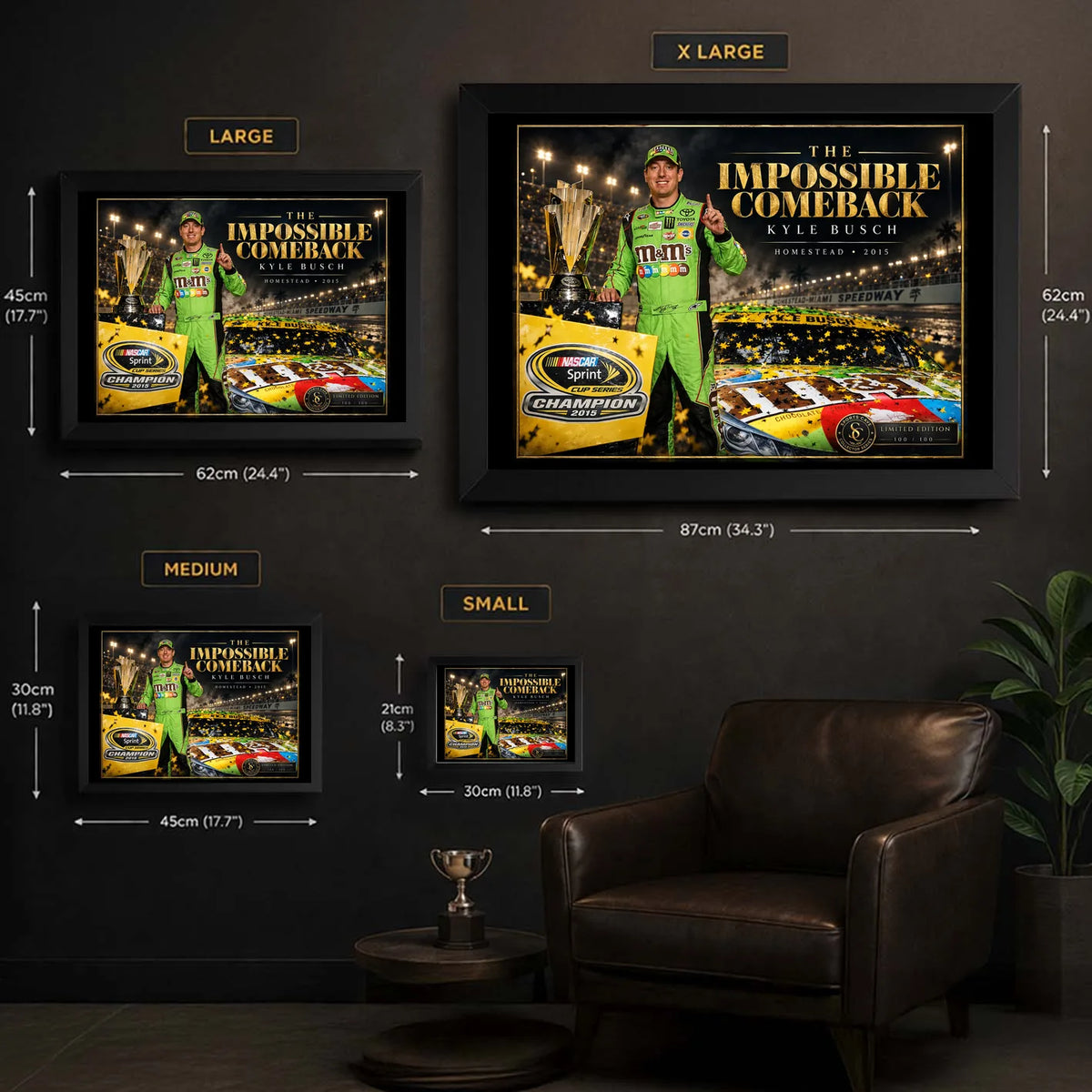 Kyle Busch wall art size guide showing Small, Medium, Large and XL framed dimensions for the collector design.