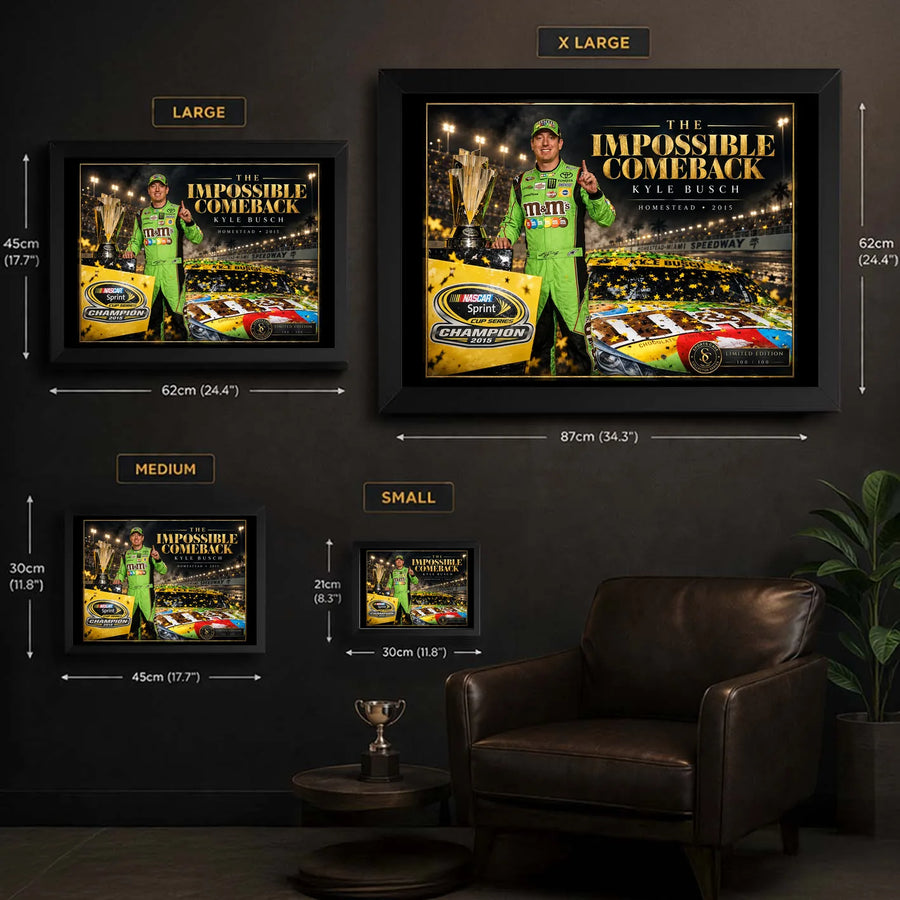 Kyle Busch wall art size guide showing Small, Medium, Large and XL framed dimensions for the collector design.