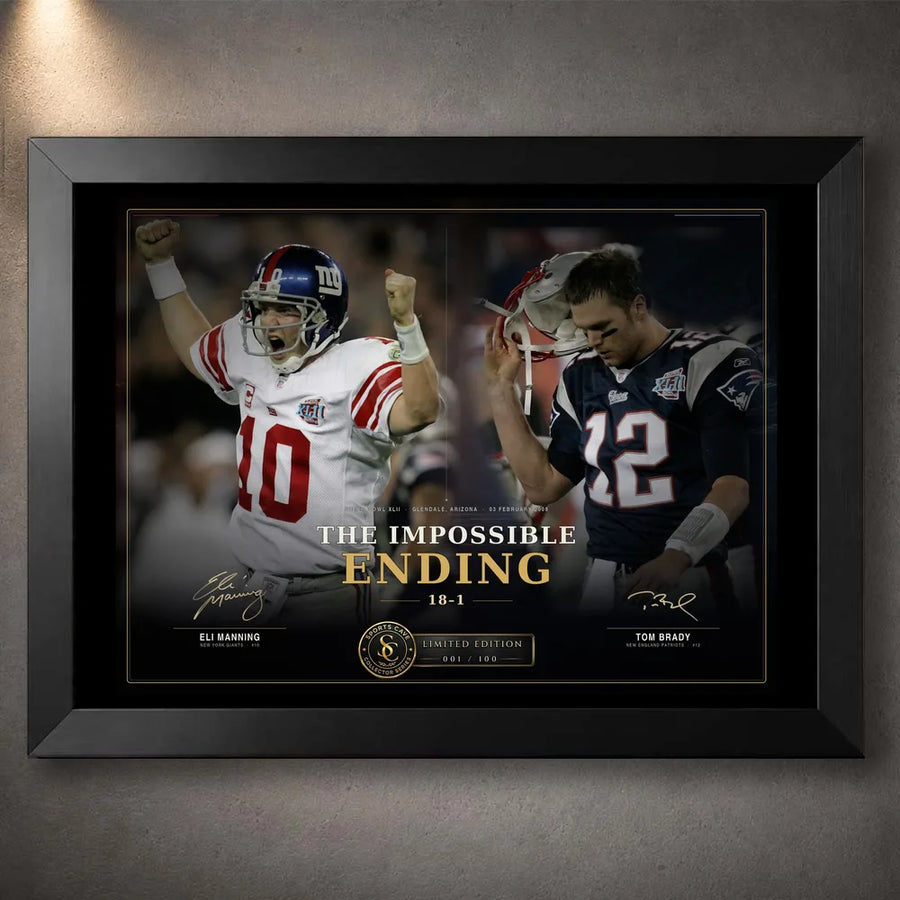 Black framed The Impossible Ending NFL wall art featuring Eli Manning and Tom Brady in a Super Bowl XLII collector design.