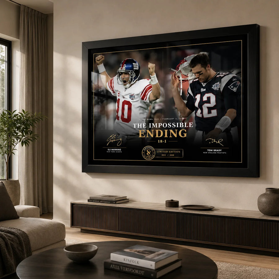 The Impossible Ending NFL wall art displayed in a modern living room, featuring Eli Manning and Tom Brady.