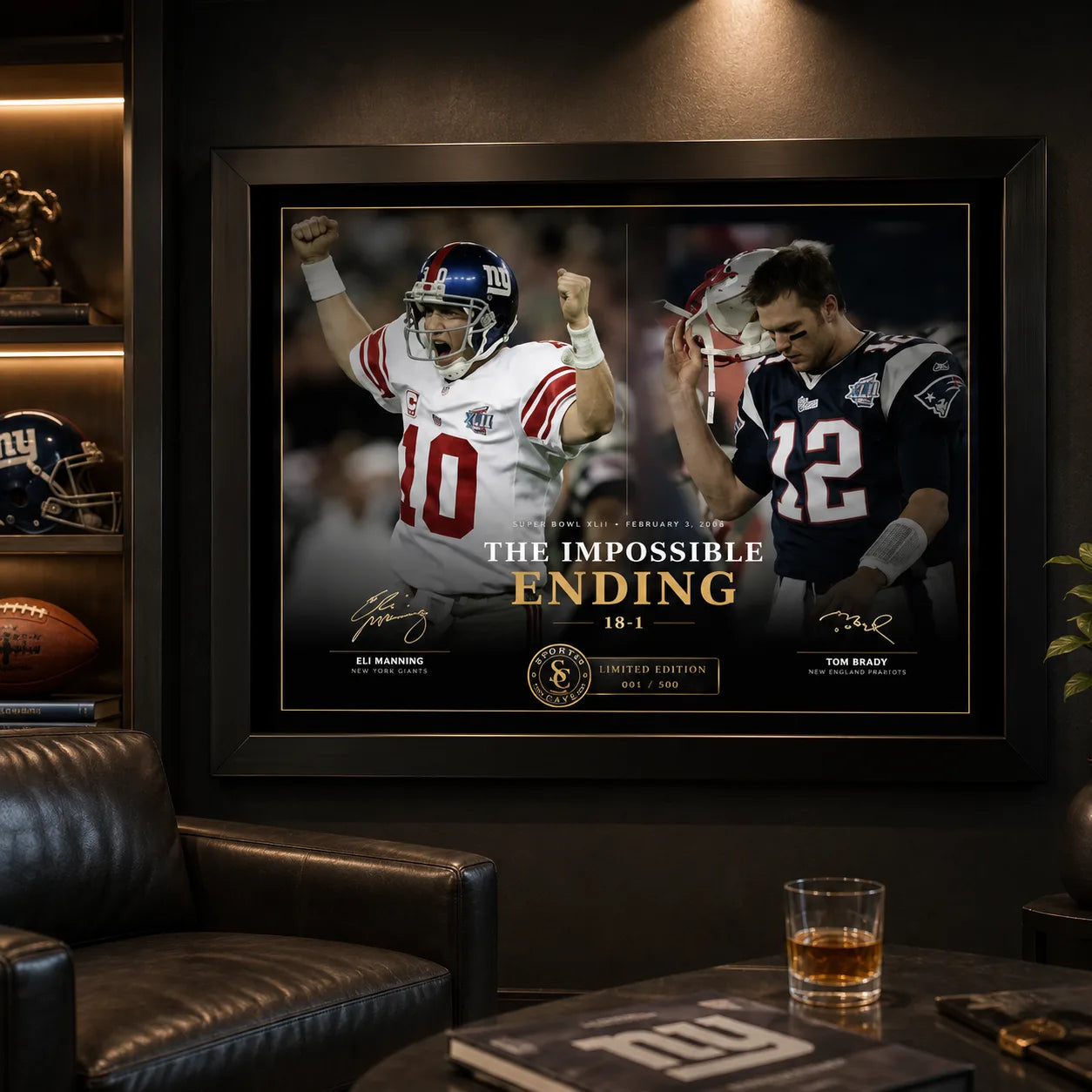 The Impossible Ending NFL wall art displayed in a dark man cave with football memorabilia.