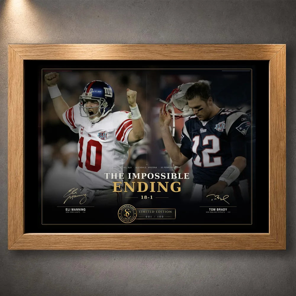 Oak framed The Impossible Ending NFL wall art featuring Eli Manning and Tom Brady in the Super Bowl XLII design.