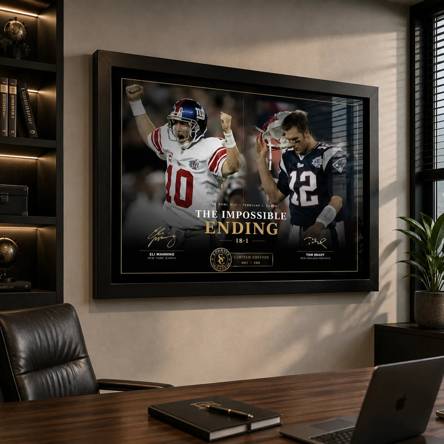 The Impossible Ending NFL wall art displayed in a modern office above a desk for a football collector.
