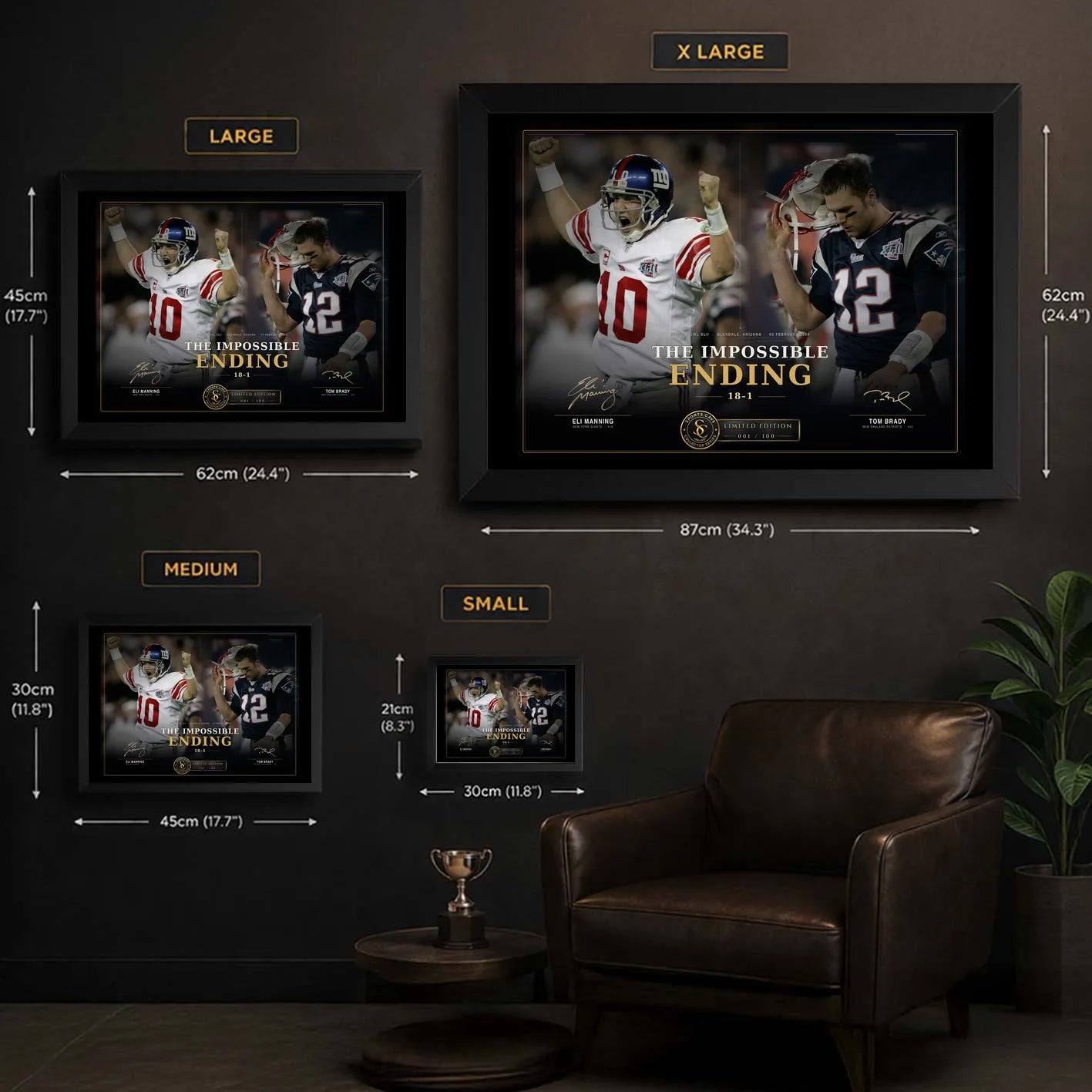The Impossible Ending NFL wall art size guide showing Small, Medium, Large and XL framed display dimensions.