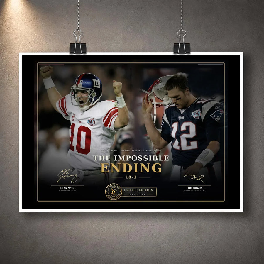 Unframed The Impossible Ending NFL wall art featuring Eli Manning and Tom Brady in a Super Bowl XLII collector design.