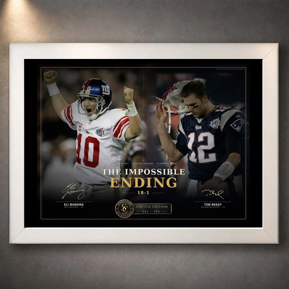 White framed The Impossible Ending NFL wall art featuring Eli Manning and Tom Brady in the Super Bowl XLII design.