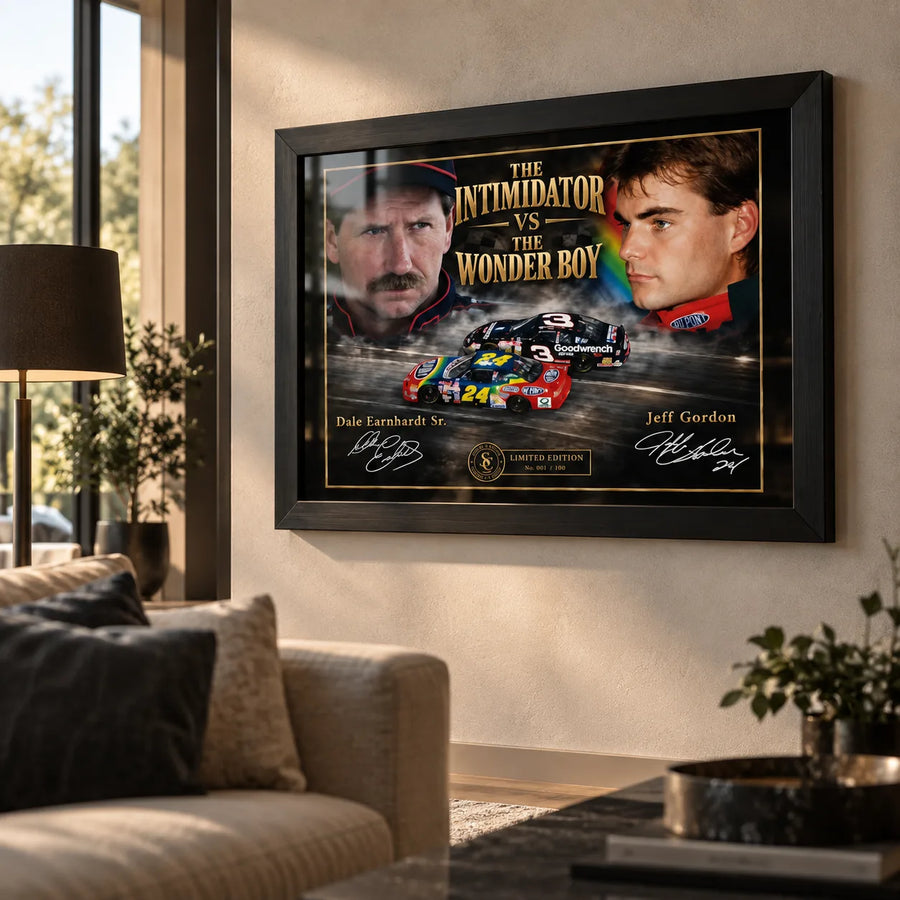 Black framed Dale Earnhardt Sr. and Jeff Gordon motorsport wall art displayed in a warm modern living room.