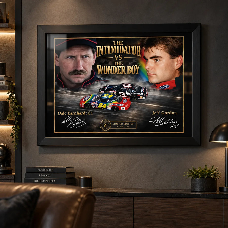 Dale Earnhardt Sr. and Jeff Gordon wall art displayed in a dark motorsport man cave with a black frame.