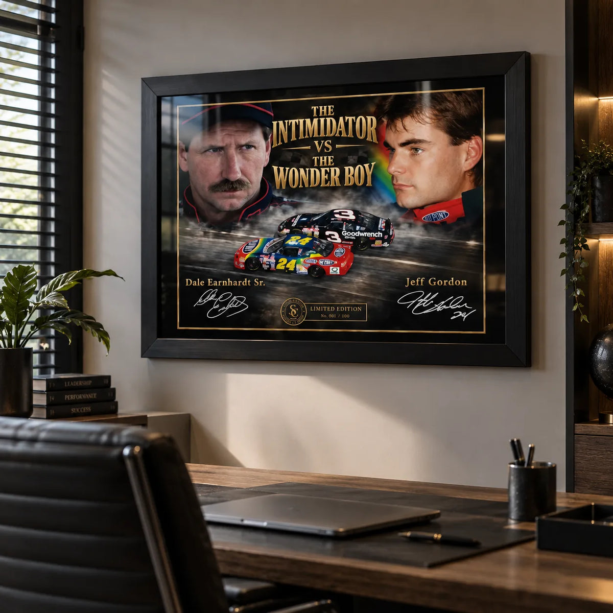 Dale Earnhardt Sr. and Jeff Gordon NASCAR wall art displayed above a desk in a modern office setting.