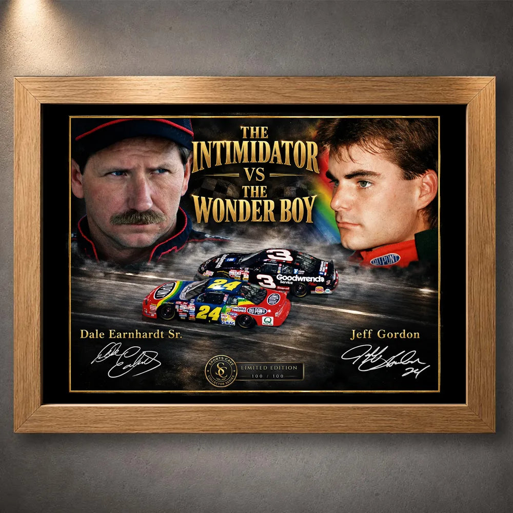 Oak framed Dale Earnhardt Sr. and Jeff Gordon NASCAR wall art with The Intimidator vs The Wonder Boy design.