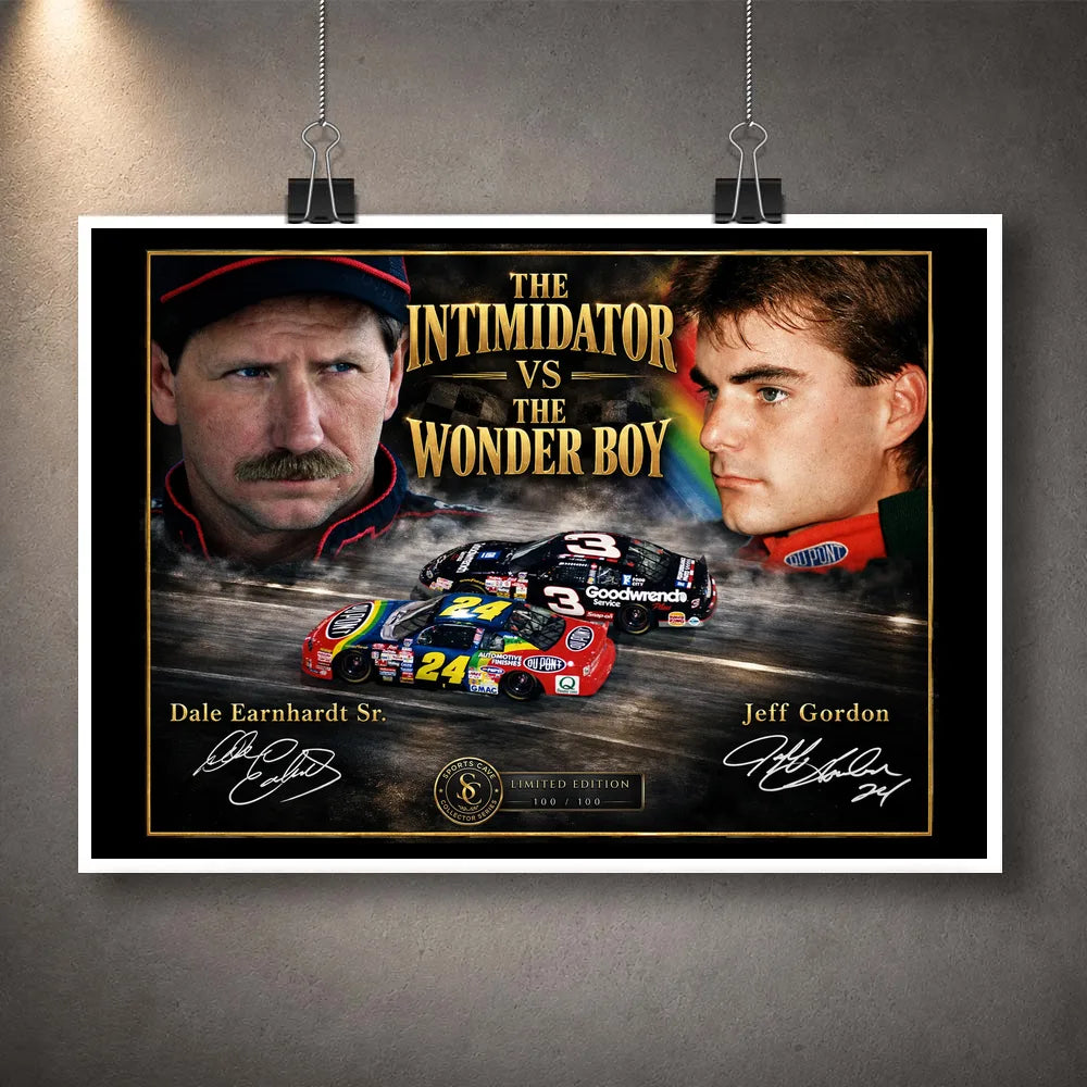 Unframed Dale Earnhardt Sr. and Jeff Gordon motorsport wall art design featuring The Intimidator vs The Wonder Boy.