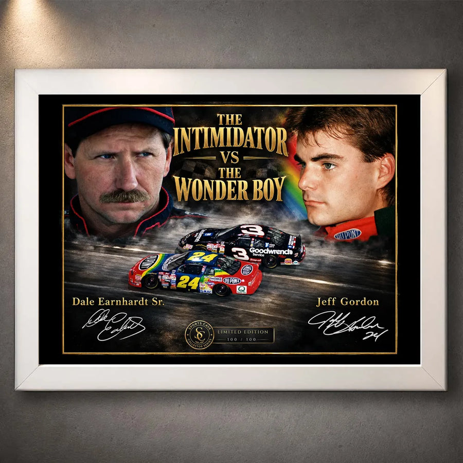 White framed Dale Earnhardt Sr. and Jeff Gordon NASCAR wall art featuring their rivalry collector design.