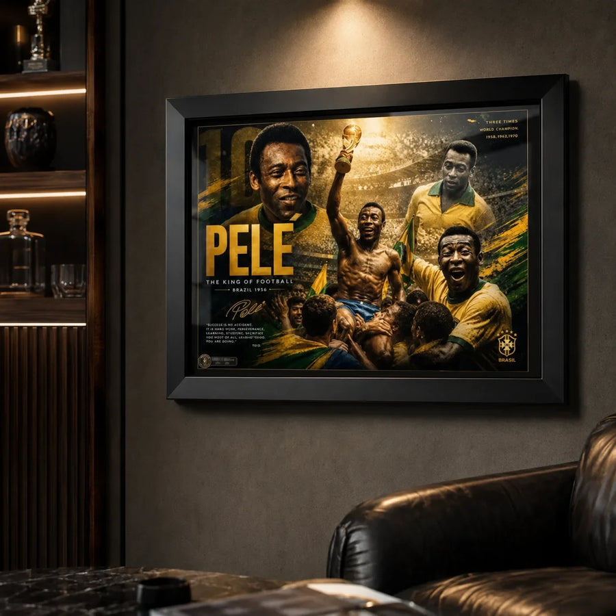 Pelé soccer wall art displayed in a dark luxury man cave with a black frame, leather seating and focused wall lighting.