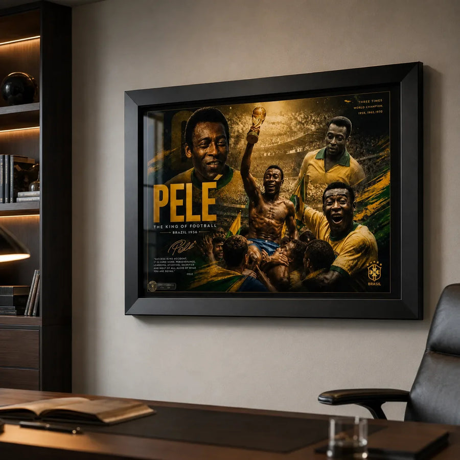Pelé soccer wall art displayed in a modern office with a black frame above a desk and warm shelving lights.