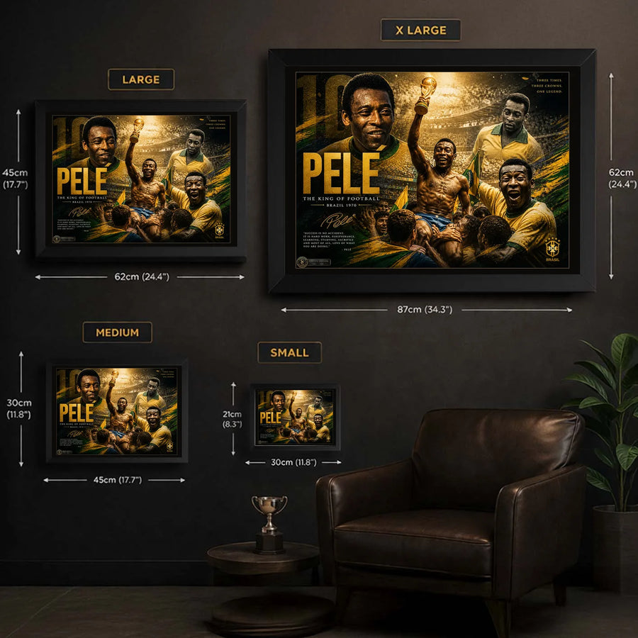 Pelé wall art size guide showing Small, Medium, Large and XL framed dimensions in centimetres and inches.
