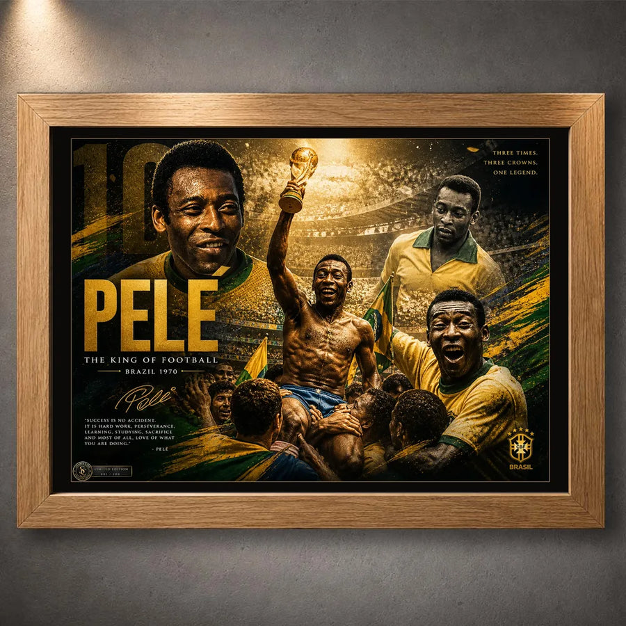 Oak framed Pelé soccer wall art featuring Brazil football moments in a warm natural timber frame.