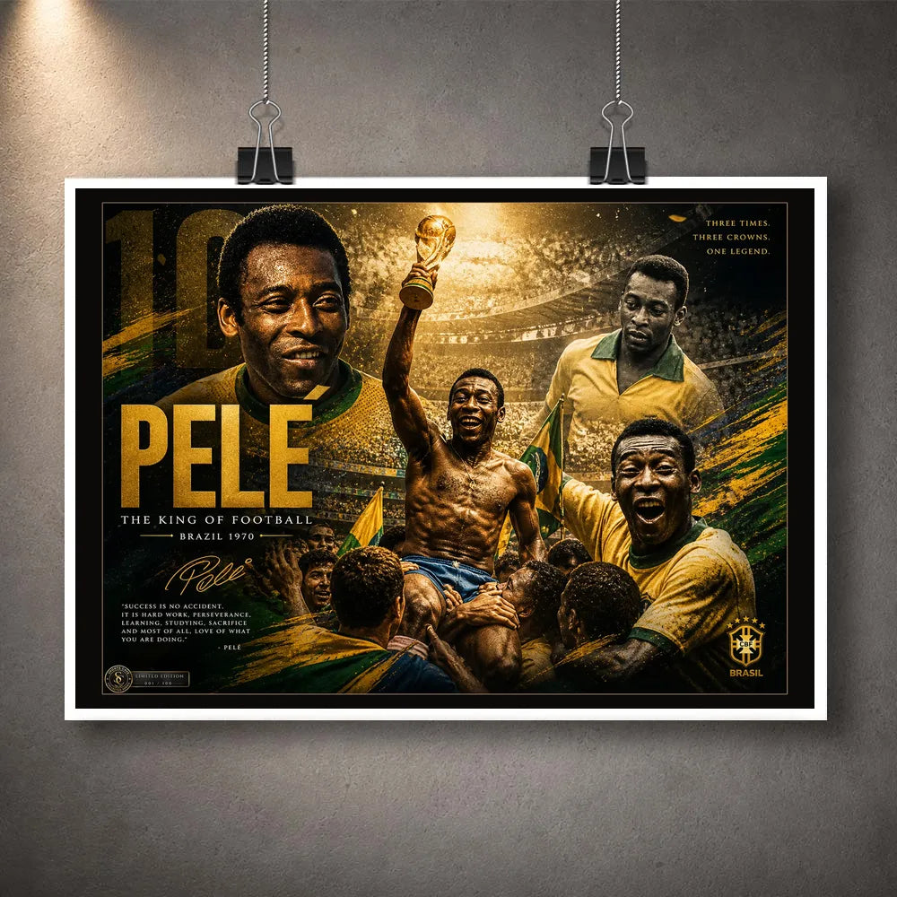 Unframed Pelé soccer wall art print featuring Brazil football moments with a clean white border and hanging clips.