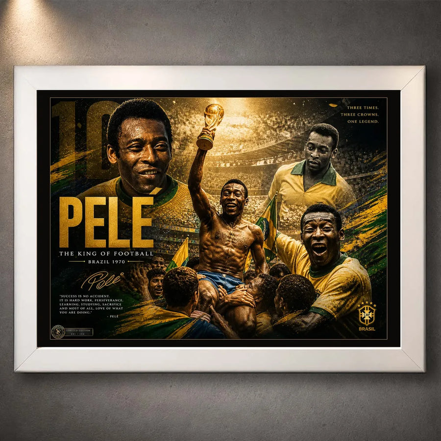 White framed Pelé soccer wall art featuring Brazil football moments in a clean white frame.