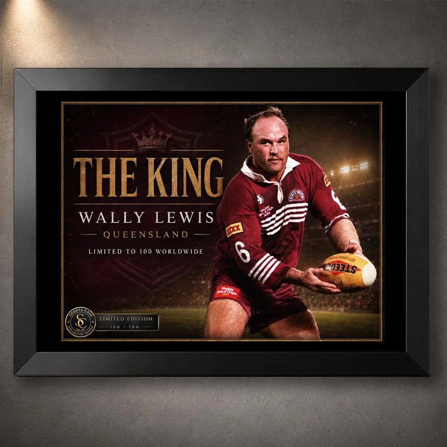 Black framed Wally Lewis wall art featuring The King Queensland tribute artwork with maroon number 6 and rugby ball.