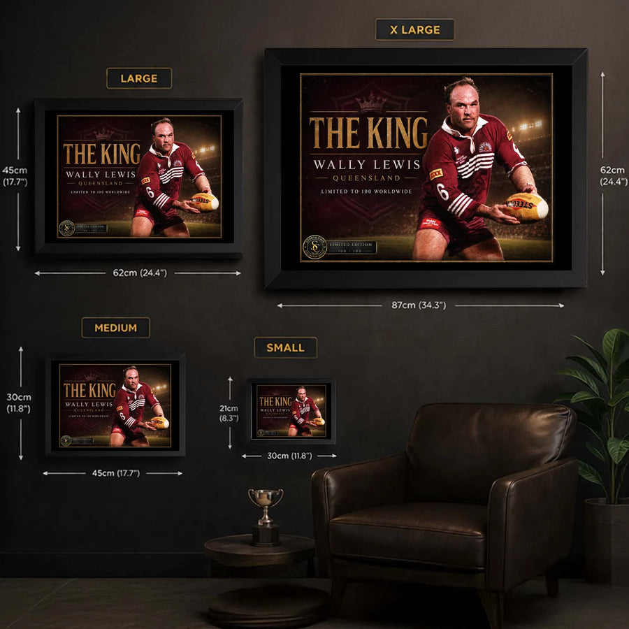 Wally Lewis wall art size guide showing Small, Medium, Large and X Large framed dimensions in centimetres and inches.
