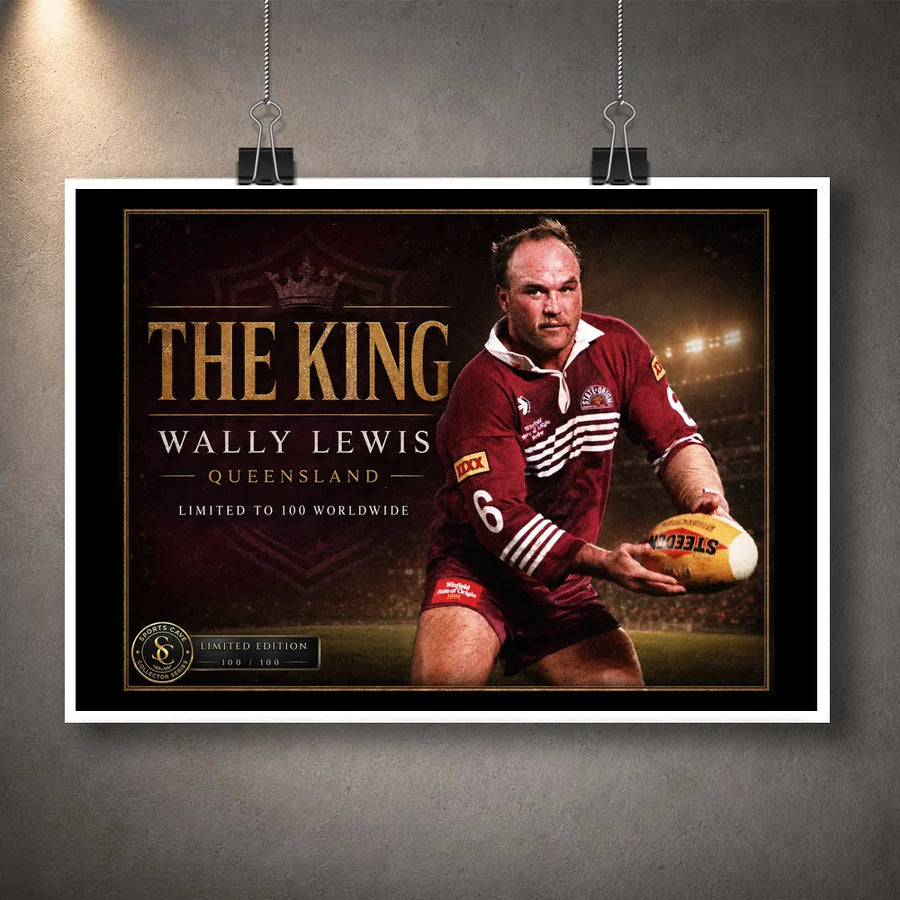 Unframed Wally Lewis wall art featuring The King Queensland tribute artwork, shown hanging with black clips.